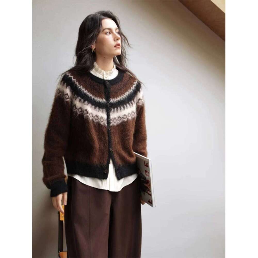 Nordic Style Womens Knitted Cardigan Sweater Alpaca Wool Retro Winter Autumn Color Block Jacquard Long Sleeve Casual Top Z260313