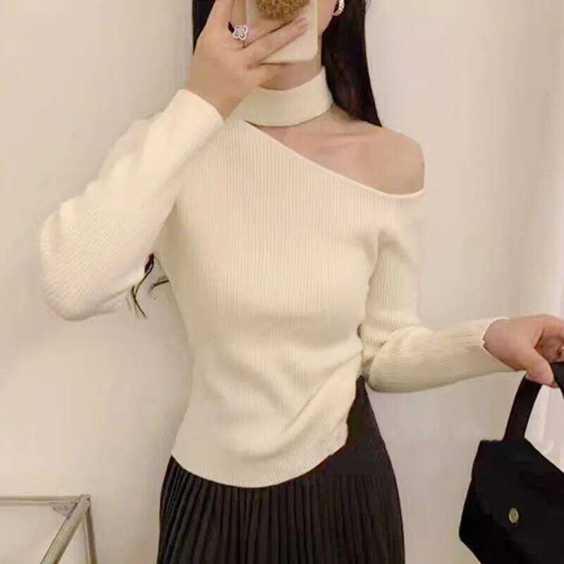 Autumn Korean Style Women Pullover Tops Off Shoulder Long Sleeve Knitted Sweaters Female Jumpers Solid Basic Sweater Z260314