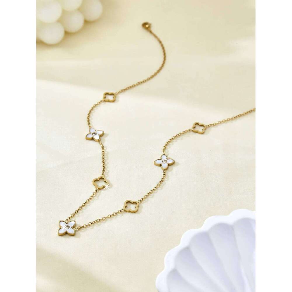 Fashion Commuter Light Senior Sense Stainless Steel Set Diamond White Shell Flower Lockbone Chain Women'S H260312