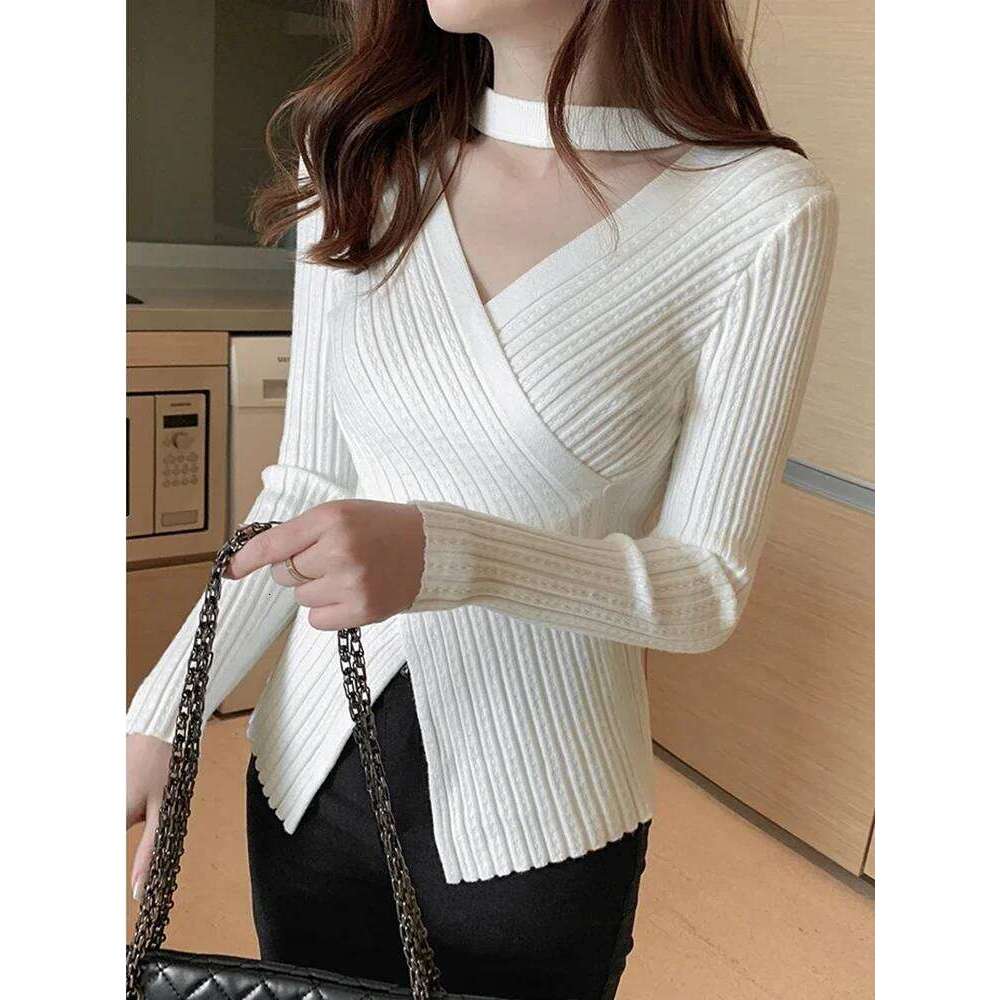 Sexy V neck White Sweaters Women Casual Long Sleeve Ladies Tops Slim Y2k Clothes Autumn Winter Korean Basic Knitwear Pullovers Z260314