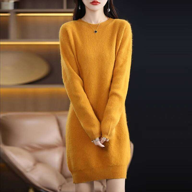 Autumn Winter New Round Neck Mink Cashmere Dress Women's Fashion Loose Slim Sleeve Pullover Long Skirt Korean Version Z260313