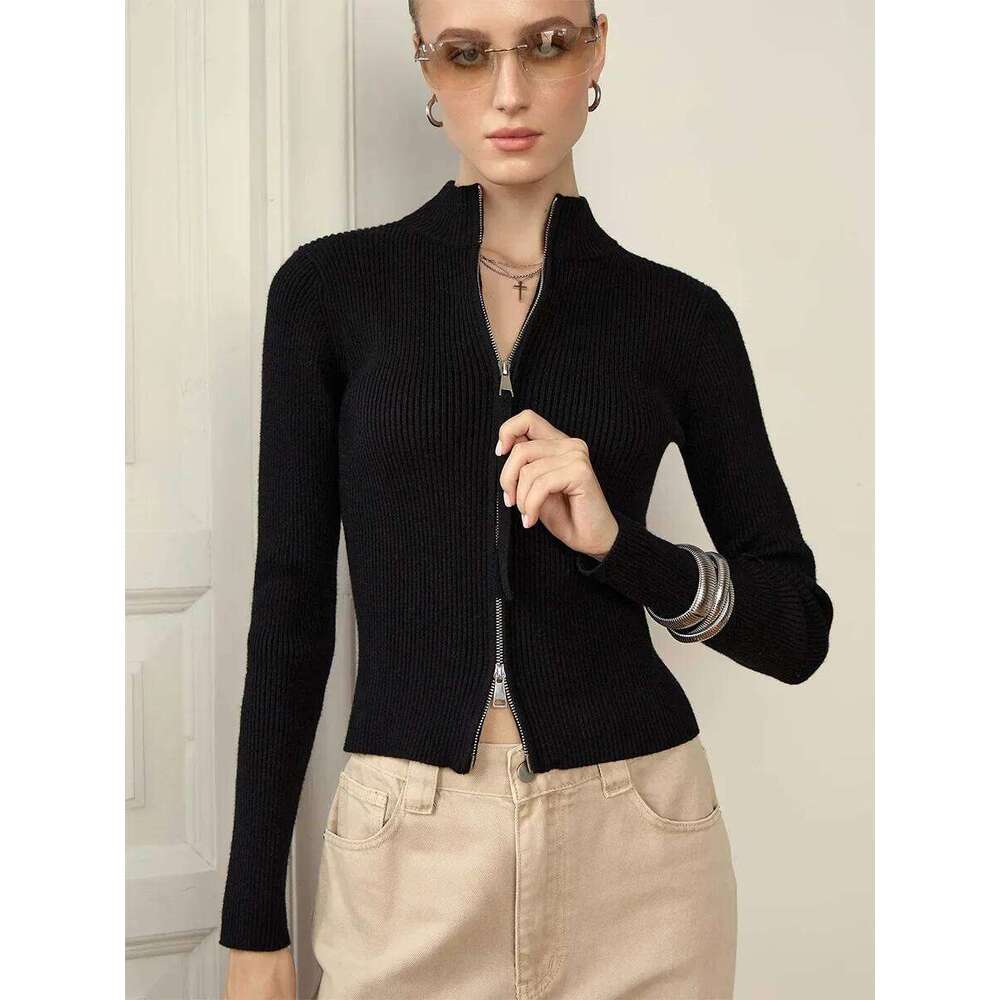 Wolfeel Autumn New Women's Stand Collar High Quality Sweaters Slim Fit Long Sleeve Double Zipper Knit Cardigan Cozy Outerwear Z260313
