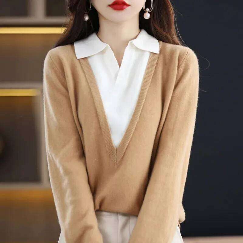 Autumn Winter Fashion Polo-Neck Knitted Pullovers Women's Clothing Elegant Simplicity Solid Fake Two Pieces Sweaters for Female Z260313