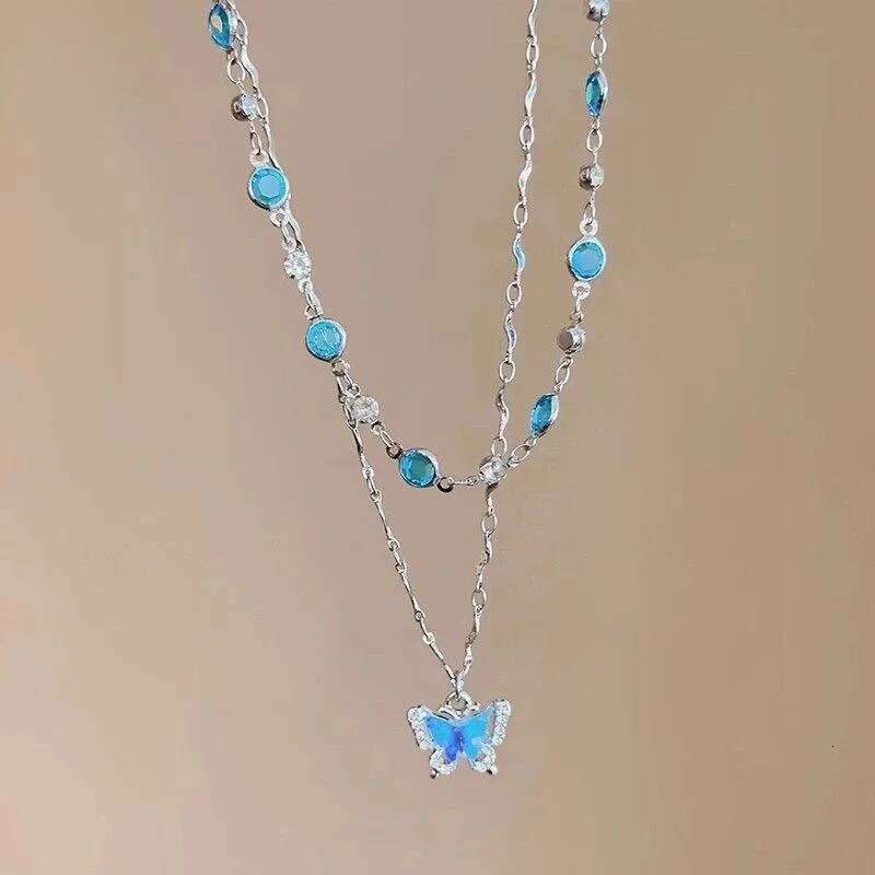 LATS Romantic Blue Crystal Butterfly Necklace for Women Girls Simple Shiny Zircon Bilayer Choker Clavicle Chain New Fine Jewelry H260312