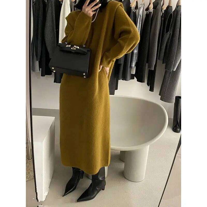 Korean Version of Autumn and Winter Puff Sleeve Sweater Dress 2025 New Mid-length Over-knee Knitted Long Skirt for Women Z260313