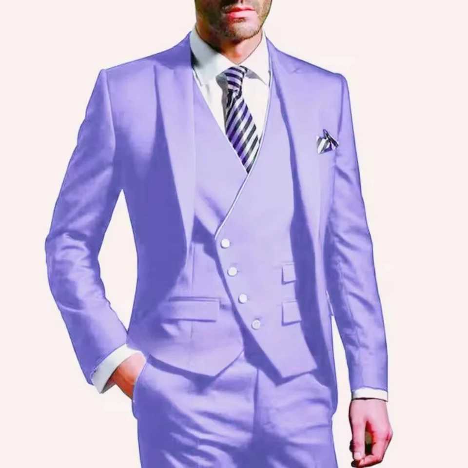 Solid Color 3-Piece Mens Suit Fashionable New Formal Business Wedding Unique Button Lapel Tuxedo Vest Pants Set M260313