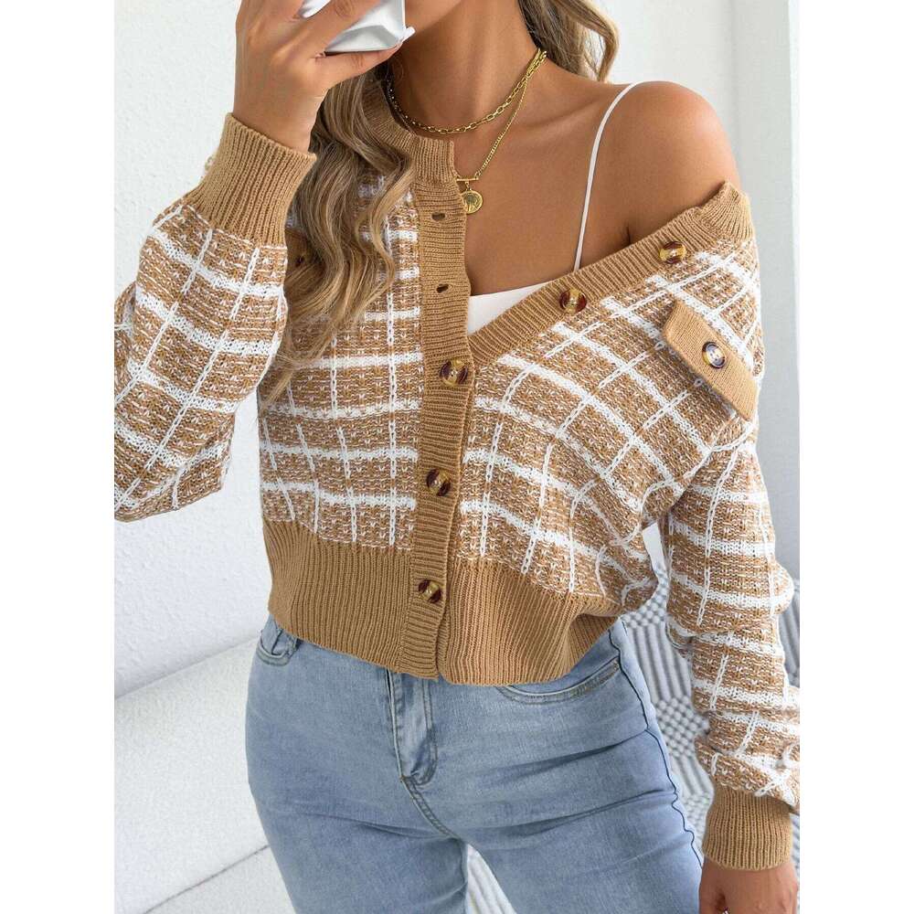 2025 Elegant Contrast Color Plaid Knitted Cardigan Sweater Single Breasted Lantern Long Sleeve Coats Women Autumn Winter Casual Z260313