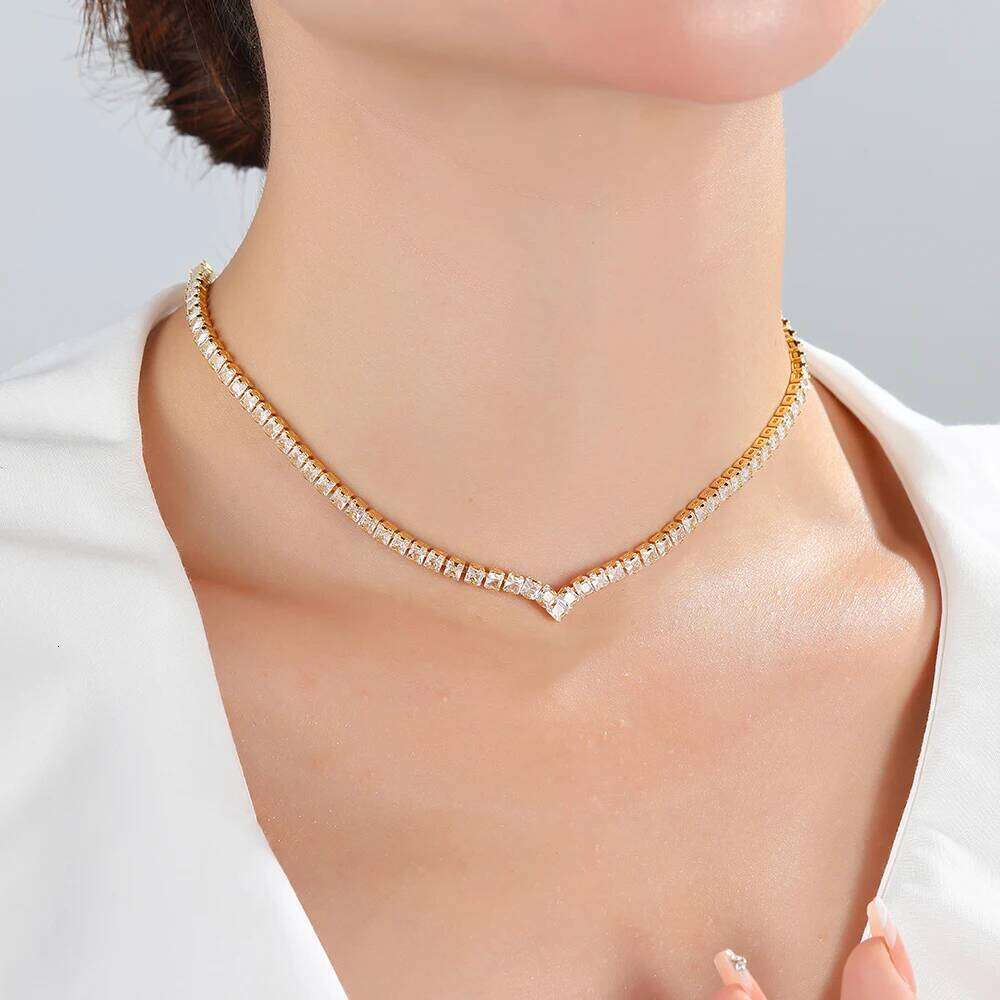 Fashion V Shape CZ Tennis Necklace for Women Gold Statement Iced Out Crystal Choker Collar Jewelry Accessories H260312