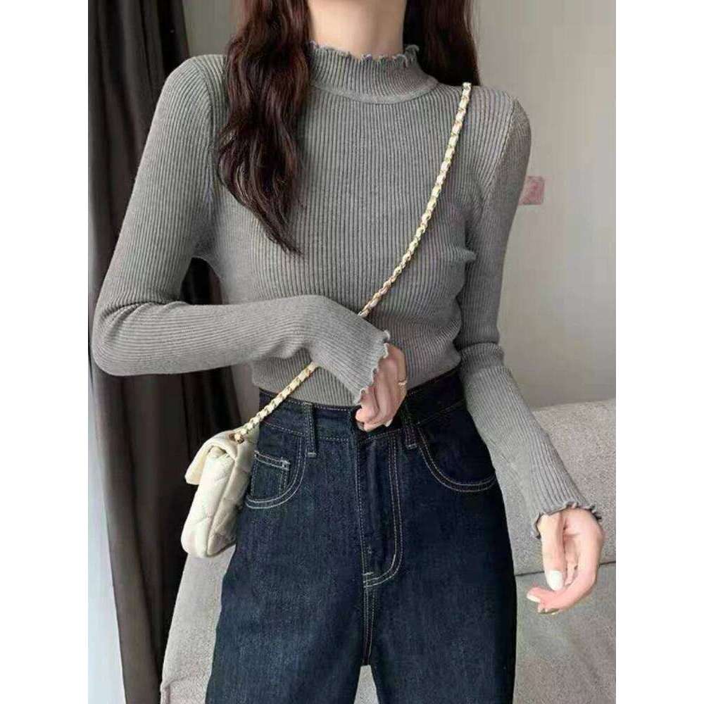 2025 Women's Knitted Sweater Autumn Winter Simple Base Layer Tops Wood Ear Edge Turtleneck Long Sleeve Pullovers Women Clothes Z260313