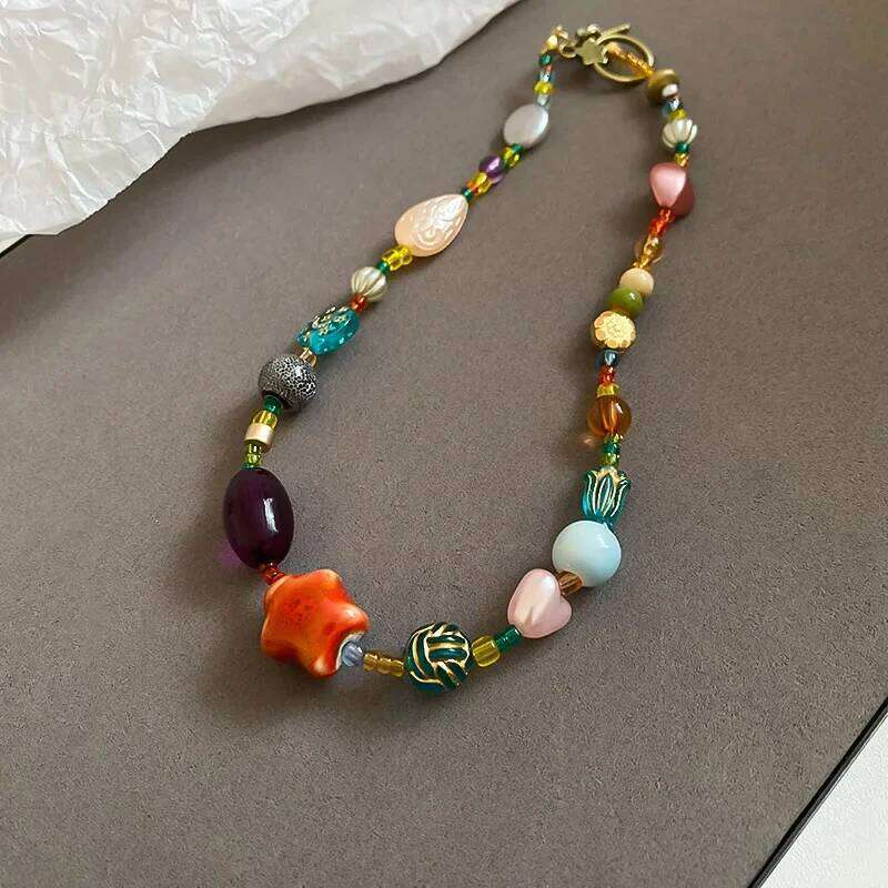 Dopamine Colorful Ceramic Glass Chokers Necklaces for Women Star Heart Ball Geometric Bead Necklace Ethnic Style Clavicle Chain H260312