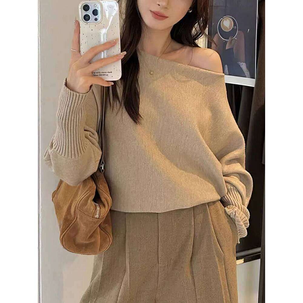 Batwing Long sleeve Knitted Pullover Women 300g Thick Off shoulder Top Korean Fashion Sweater Loose Casual Autumn Outwear Pull Z260313