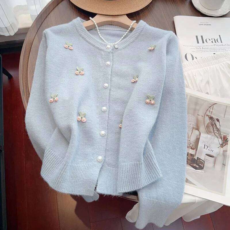 Pink Sweet Pearls Decorate Sweater Cardigan Woman Korean Fashion Print O Neck Knitwear Women Long Sleeve All Match Knitted Tops Z260313