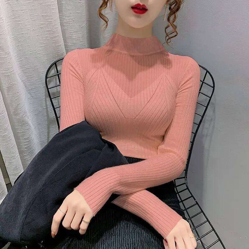 Women's Half Turtleneck Sweater Korean Style Carved Lace Mesh Hollow Inner Knitted Base Shirt Top Z260313