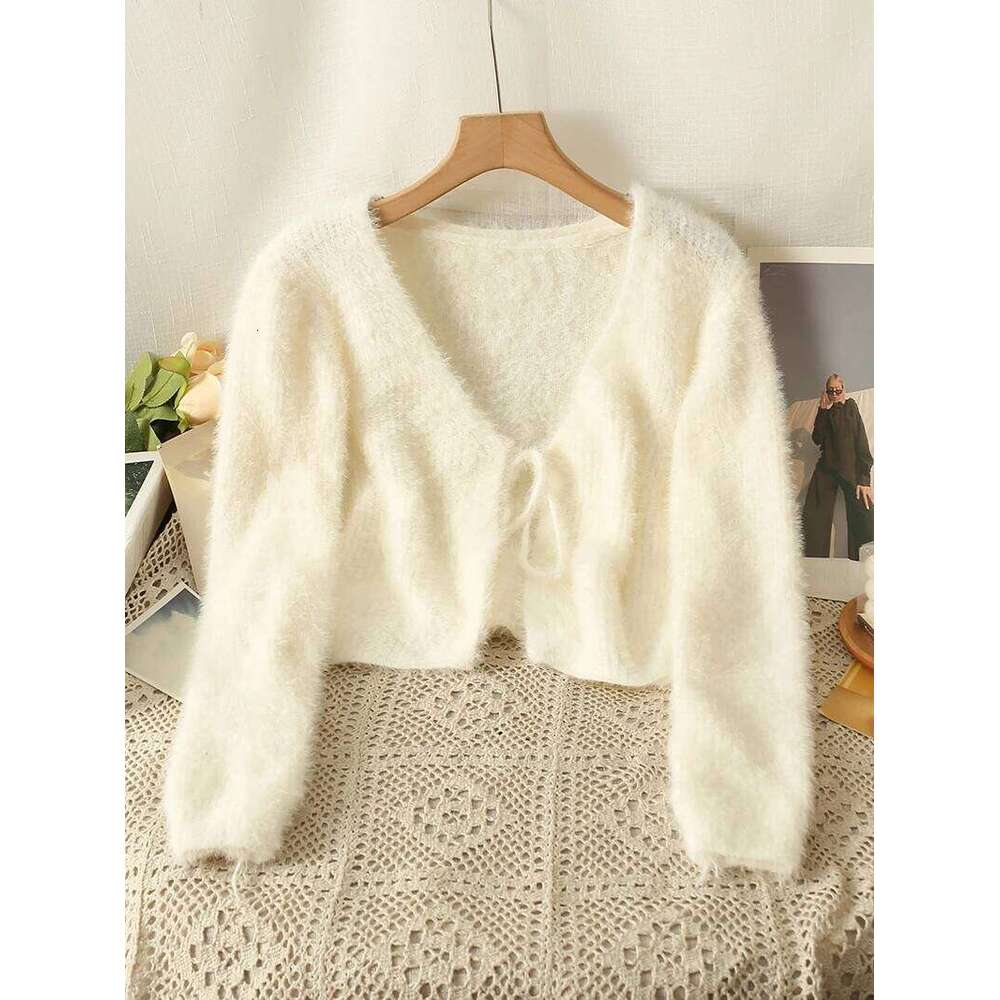 Women Lace Up V-neck Plush Knitted Cardigan Autumn Winter New Korean Version Sweet Versatile Look Thin Sweater Long Sleeve Top Z260313