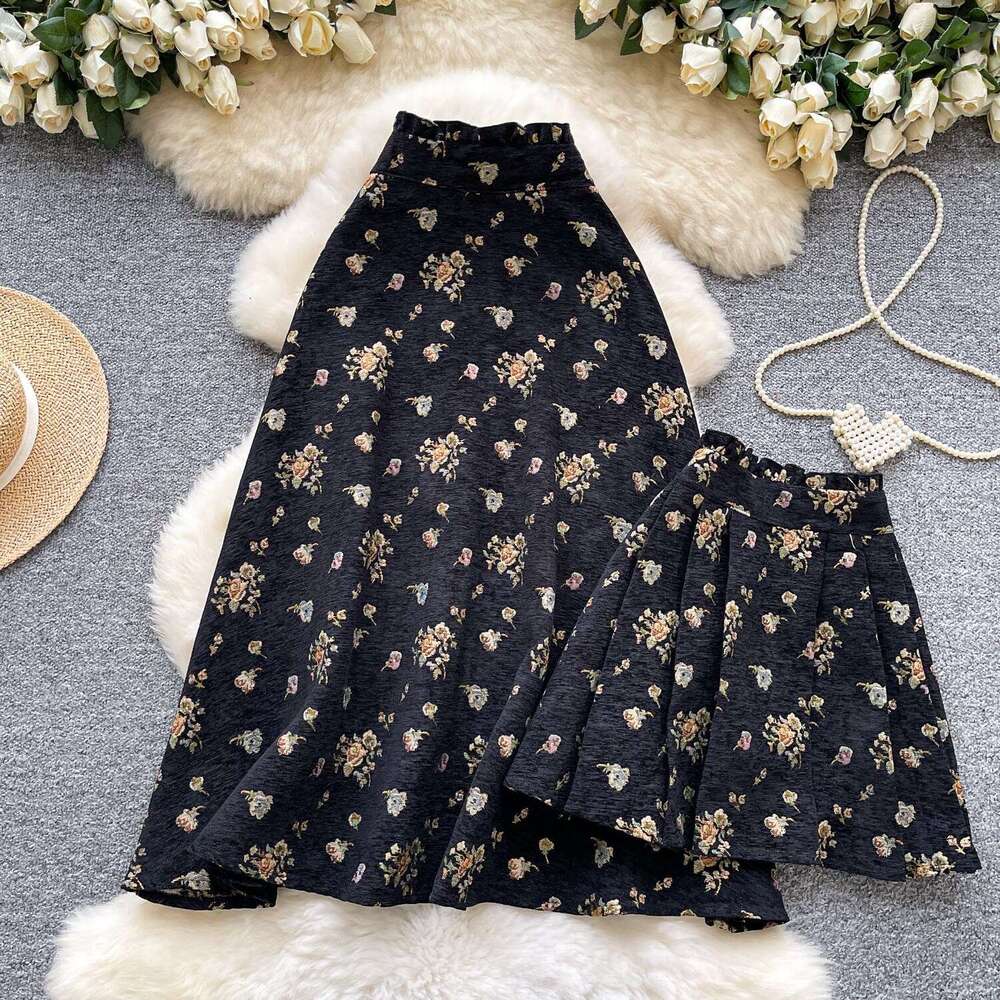 French retro printed women's a18 skirt 2026 autumn and winter high-end fashion high waist slimming elegant multifunctional A-line skirt