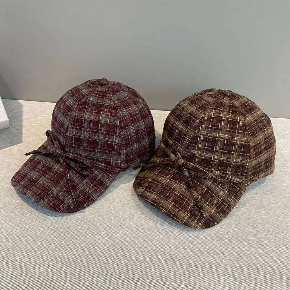 Woolen Cloth Versatile Check Baseball Cap Spring Autumn Outdoor Warm Lace-up Bow Shading Adjustable Women's Sports Hat Z260314