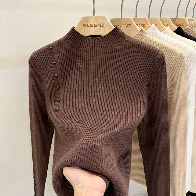 AOSSVIAO 2025 Autumn Winter New Sweater Women's Turtleneck Solid Color Pullovers Korean Long Sleeve Slim Button Femme Warm Tops Z260314