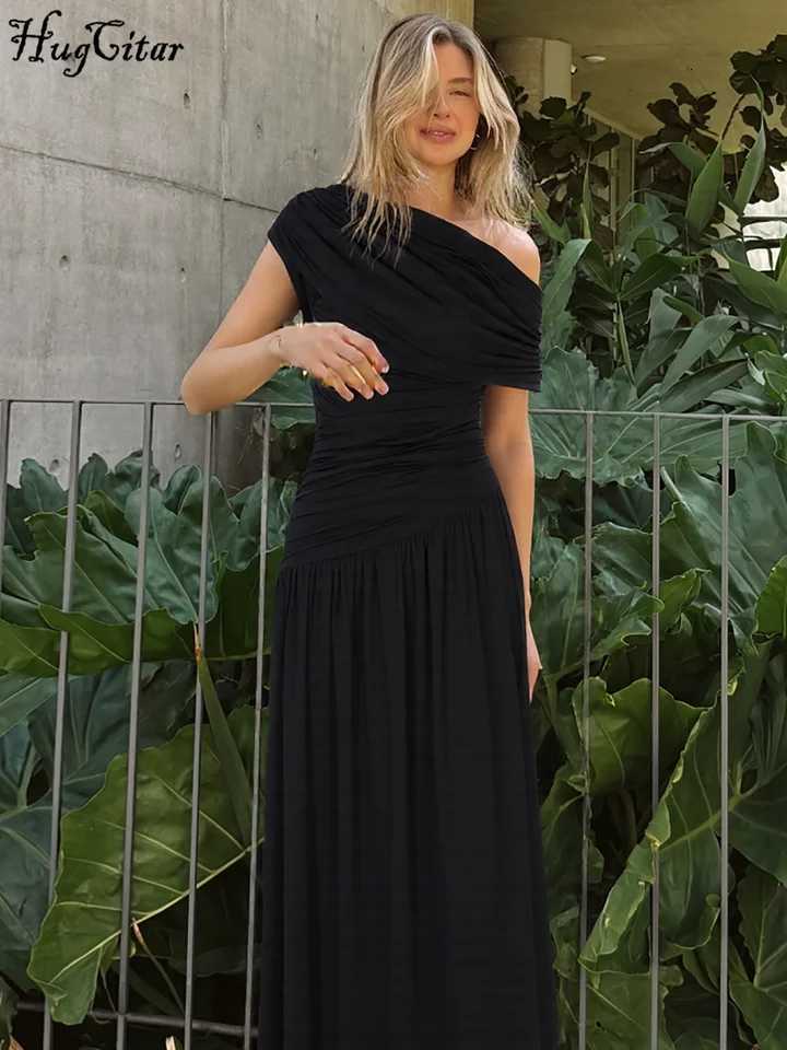 Hugcitar One Shoulder Ruched Sleeveless Solid Pleated Sexy Irregular Y2K Maxi Dress Summer Elegant Party Women Clothes VacationT260316