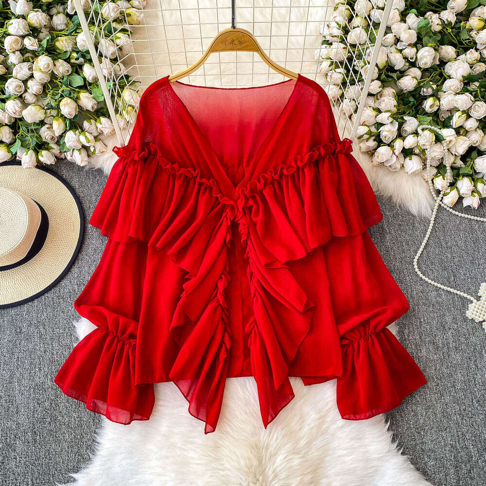 White V-neck bell A13 shaped sleeve sunscreen wrinkle resistant chiffon women's shirt 2026 summer elegant loose fit with ruffled details