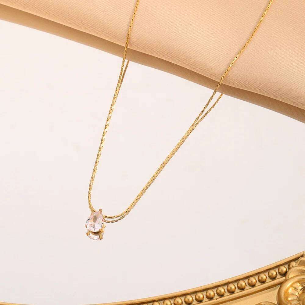 Stainless Steel Shiny Clear Zircon Waterdrop Pendant Necklace for Women Girls Minimalist Choker Chains Party Jewelry Gift New H260312