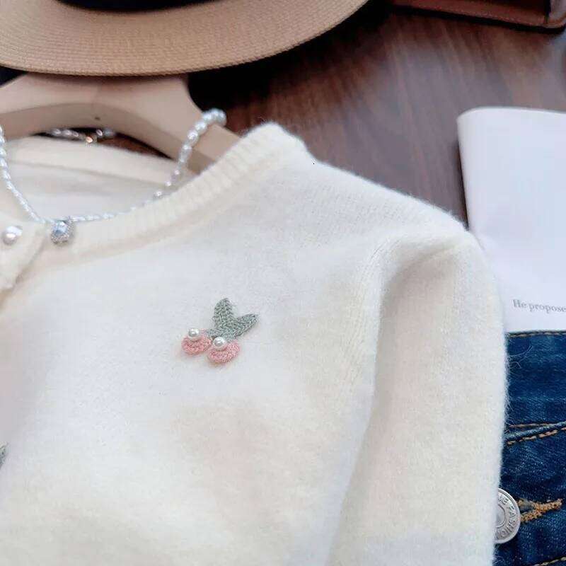 Pink Sweet Pearls Decorate Sweater Cardigan Woman Korean Fashion Print O Neck Knitwear Women Long Sleeve All Match Knitted Tops Z260313