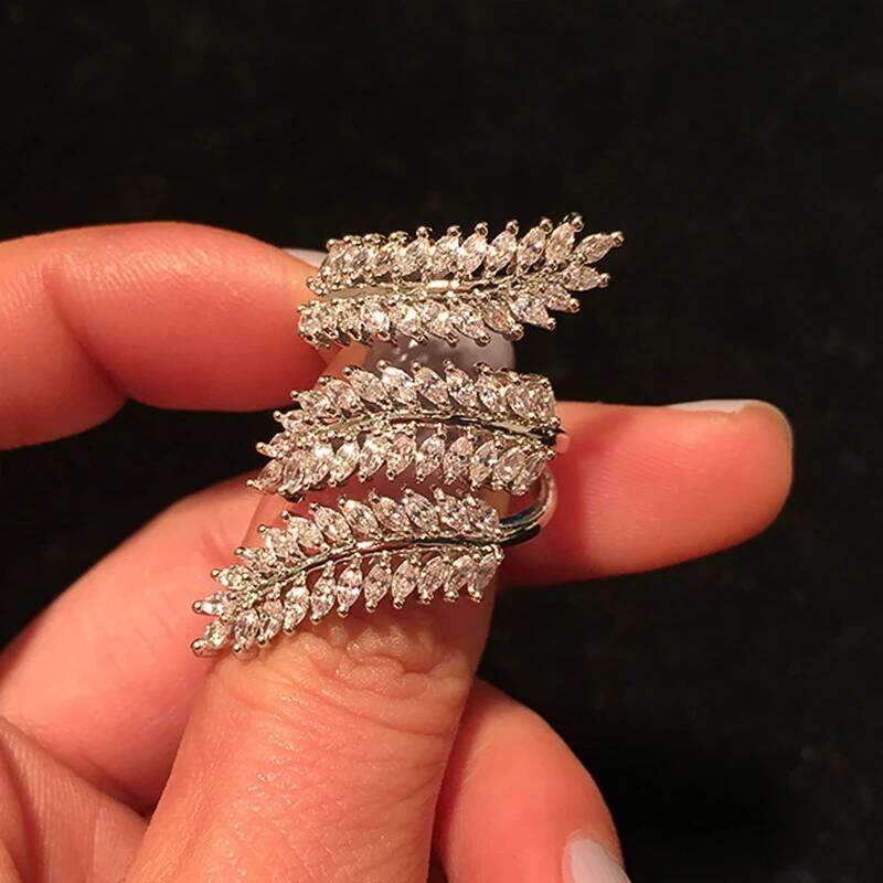 Huitan Olive Leaf Adjustable Opening Rings for Women Full Marquise Cubic Zirconia Multi-layered Sparkling Female Wedding Jewelry H260312