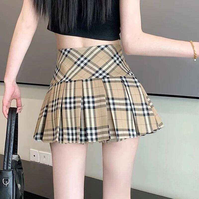 Summer Lady Slim Fit Thin Wrap Hip Girls Korean High Waist A-line New Female Coffee Plaid Skirts Z260314