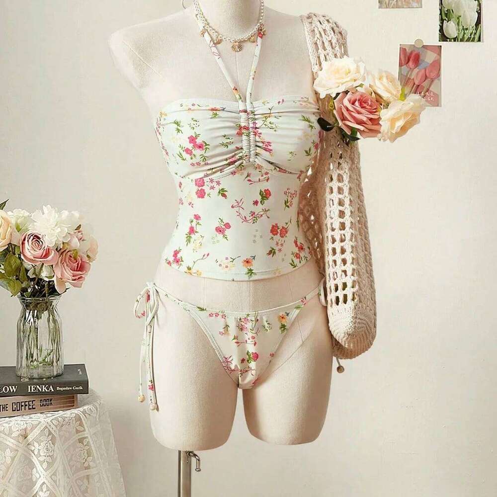 Trendy Floral Print Tankini Two-Piece Swimsuit with Halter Neck And Strap for Women High Waist Sexy Tight Fit Backless Swimwear Y260303