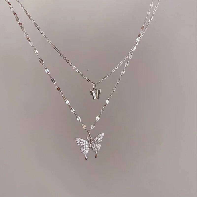 LATS New Shiny Butterfly Exquisite Double Layer Clavicle Chain Necklace Jewelry for Ladies Gift H260312