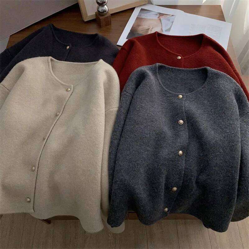 Solid Color Simple O-Neck Knitted Jackets Women Korean All-Match Long Sleeves Cardigans Autumn Winter Single-Breasted Sweater Z260314