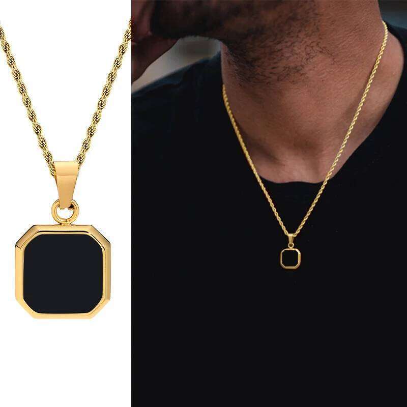 Vnox Geometric Necklaces for Men, Enamel Square Pendant with Rope Cuban Figaro Box Chain, Casual Vintage Cool Collar H260312