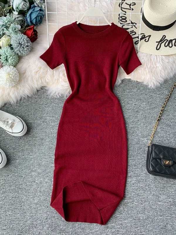 ort Sve Color Knitted Slim Fit Midi Dr round Ne Elastic Waist One Step Skirt Dr Korean Sle Commute DrT260314