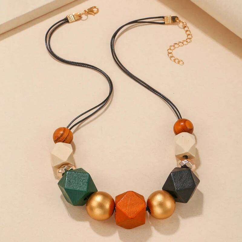 Geometric Multi Color Wooded Beads Necklaces Pendants for Women Vintage Handmade Statement Bib Necklace Fashion Neck Decoration H260312