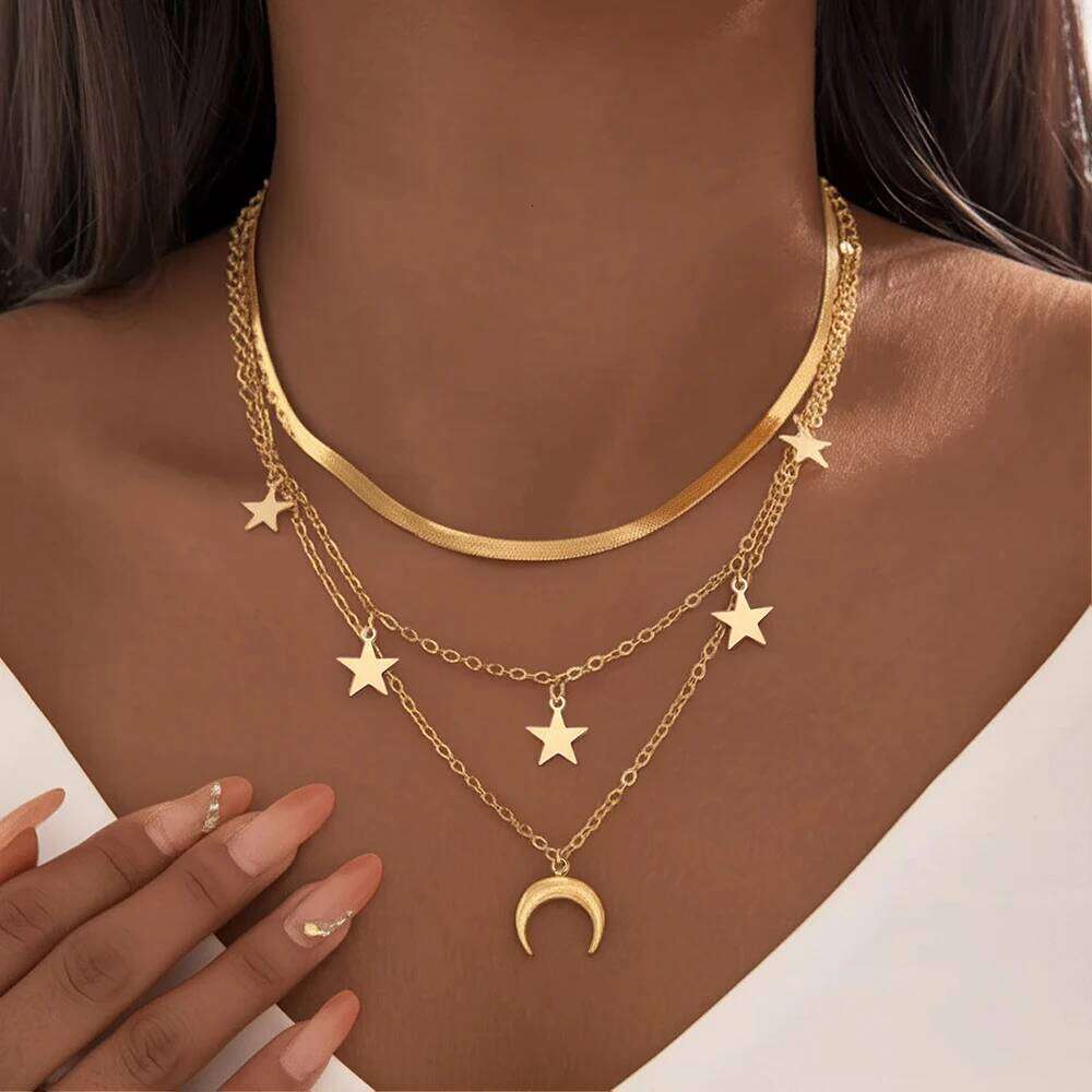 DOTIFI Stainless Steel Star And Moon Pendant Flat Snake Multi-Layer Layered Necklace Fashionable Unique Collarbone Chain H260312