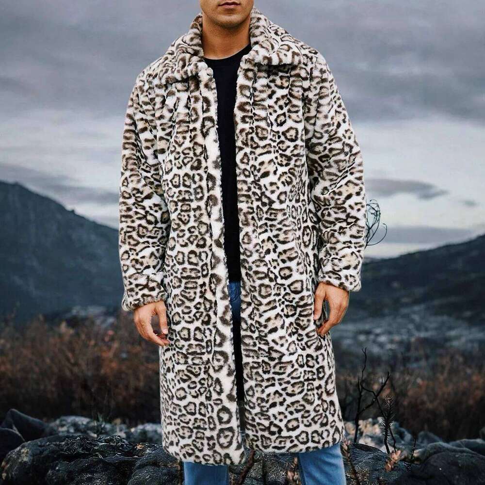 Men Faux Coats Leopard Fur Jackets Mid Length Long Sleeve Turn Down Collar Open Stitch Thick Loose Casual 2025 Autumn Winter Z260313