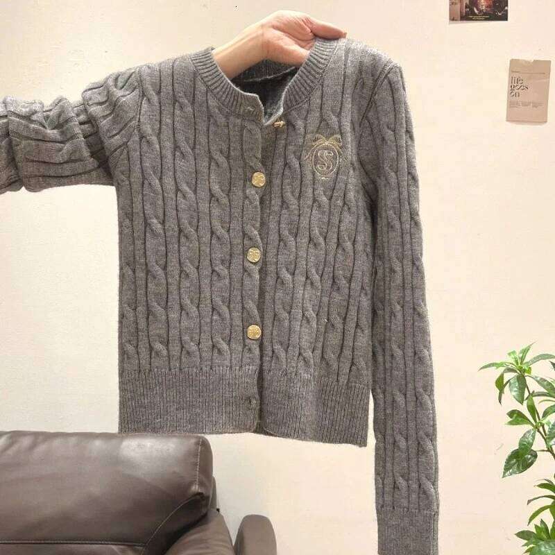 Twist Knitting Grey Embroidered Preppy-style Sweater Jacket for Women's Autumn Winter Korean Knitted Cardigan Top Buttons Z260314