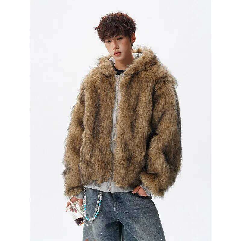 UETEEY Men's Reversible Wear Jacket Vintage Faux Fur Hairy Soft Hooded Coat Man Winter Plush Lined Warm Brown Fluffy Jackets Men Z260313