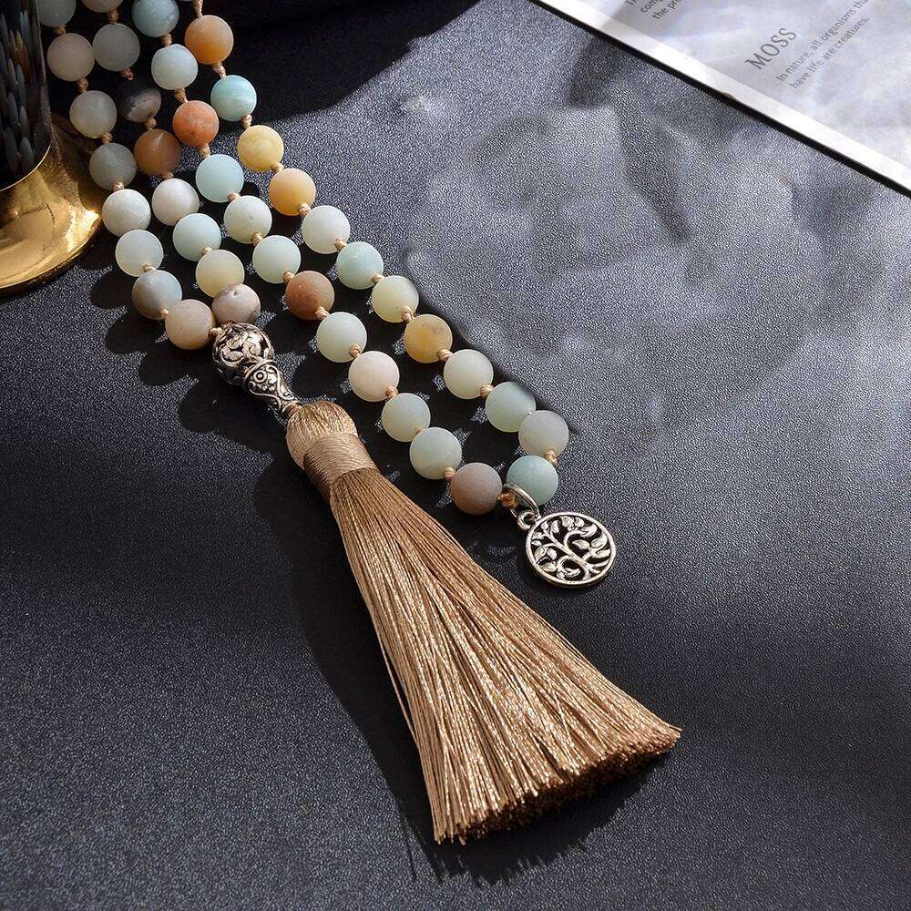 8mm Natural Mattle Amazonite Beaded Knotted 108 Mala Necklace Meditation Yoga Prayer Japamala Rosary For Men and Women H260312