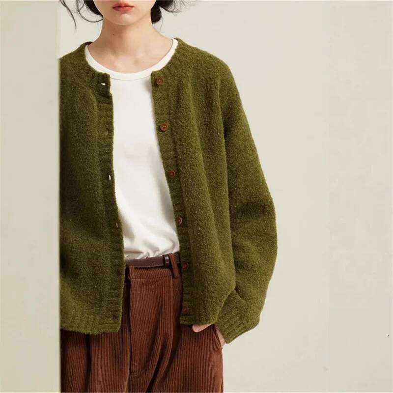 Retro Green Knitted Cardigan Women's New Autumn Winter Round Neck Single Breasted Soft Thick Sweater Loose Casual Basic Coat Z260313