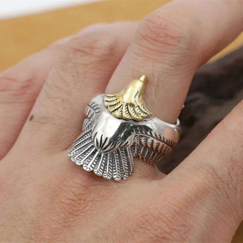 Buyee 925 Sterling Silver Unique Big Finger Cute Golden Eagle Head Open Ring for Men Women Punk Animal Fine Jewelry Circle H260312