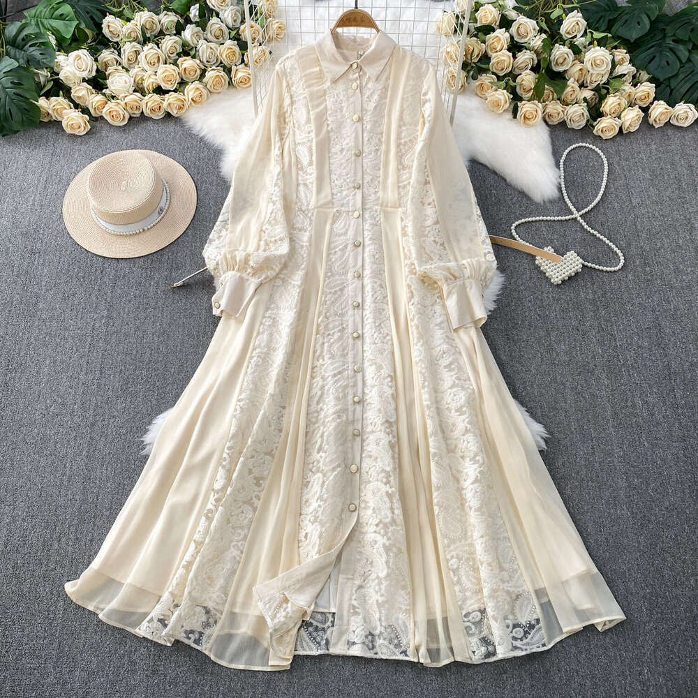 Designer French retro lace embroidered dress with lapel and lantern sleeves for women's spring and autumn single breasted design