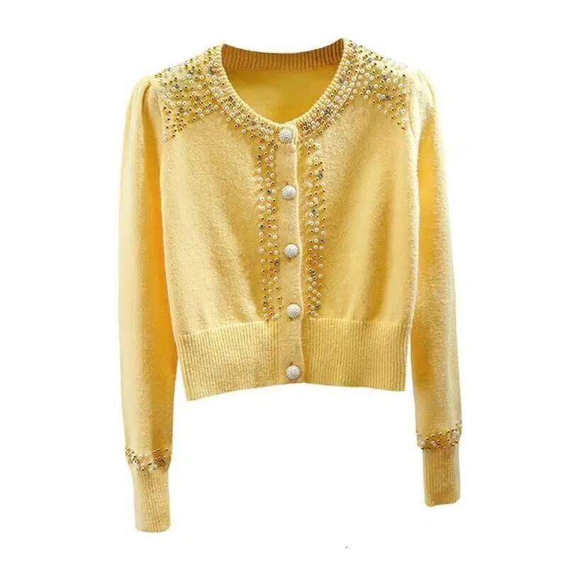 Bead-encrusted Rhinestones Round Neck Single-breasted Long-sleeved Sweater Cardigan Commuter Temperament Versatile Top Z260313