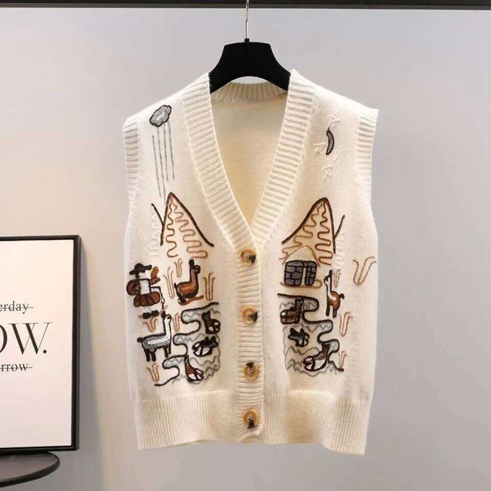 2023 Spring Autumn Korean Edition Reduced Age V-Neck Knitted Sweater Tank Top New Loose and Thickened Women's Coat Z260313