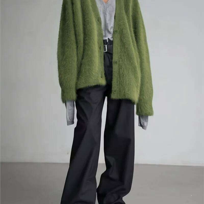 Knitted Cardigan Loose Lazy Style Autumn Winter New Item Single Breasted Long Sleeved Sweater Green Fur Coat Top For Women Z260314