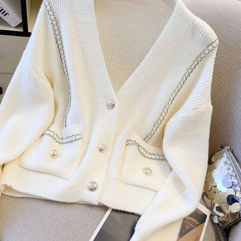Autumn Winter White Sexy V-Neck Warm Sweater For Women Soft Retro Loose Long Sleeve Cardigan Knitted Tops Lady Z260313