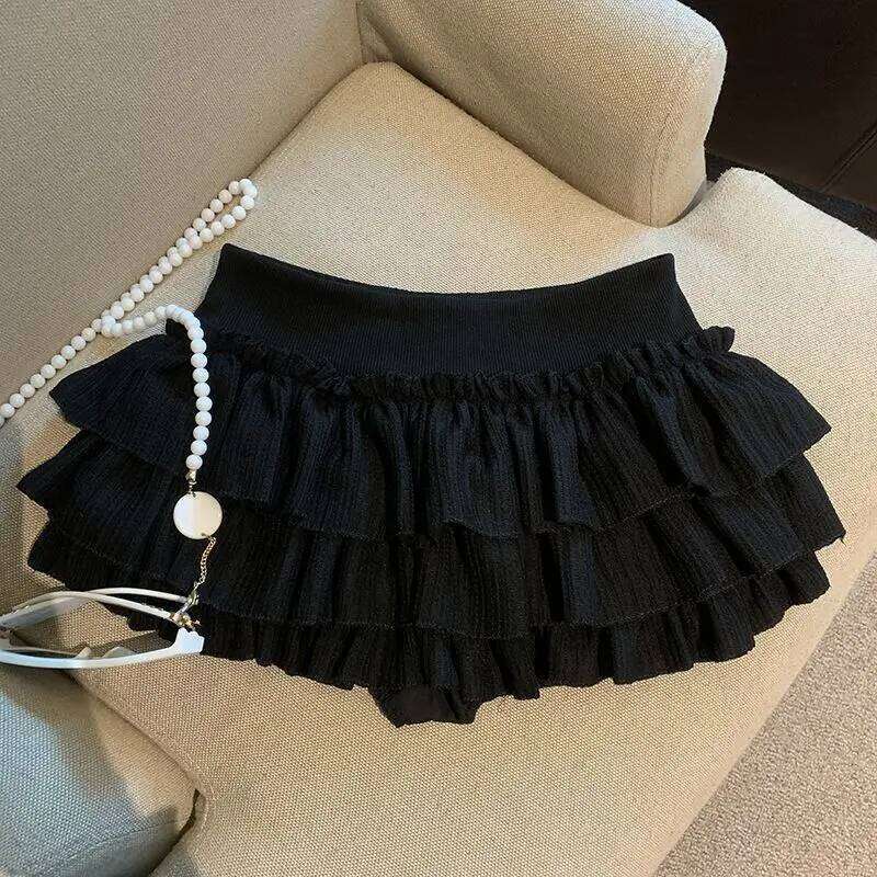 Sweet Puffy Cake Women Skirts Korean Fashion Ruched Ruffle Mini Campus Harajuku Casual Versatile Elastic Waist Solid Skirt Z260314
