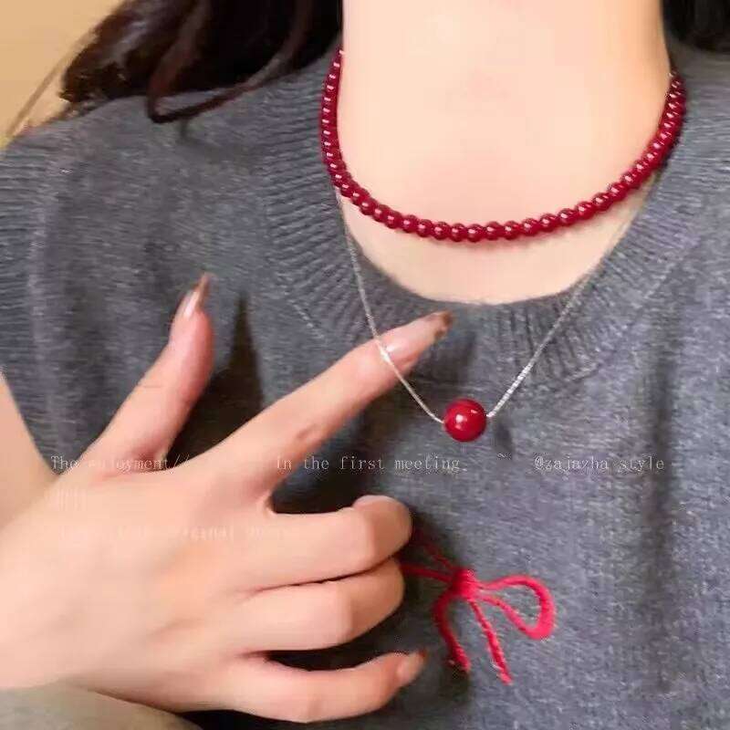 Red Round Glass Bead Necklace Retro Collarbone Chain Accessories for Women H260312