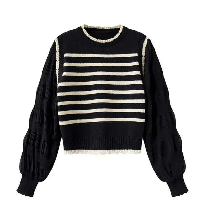 2025 Women Black and White Striped Fake Two-Piece Knitted Sweaters Autumn Winter Korean Soft Glutinous Pullover Sweater Female Z260313