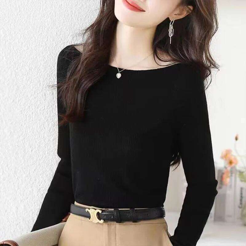 Women's Clothing Slash Neck Long Sleeve Knit Top Autumn New Elegant Fashion Solid Vertical Grain Sweaters Office Lady Chic Tops Z260313
