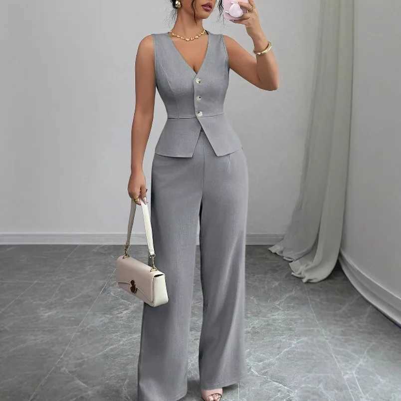2026 Summer Womens Sleek Two-Piece Set Solid Color Sleeveless Vest High-Waisted Wide-Leg Pants Modern Co-ord Set M260313